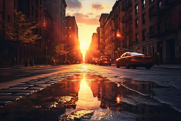 Urban street scene with buildings illuminated by the setting sun