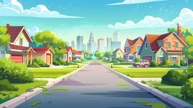 Urban street in suburban town against big city skyline Modern cartoon illustration featuring cozy houses along rural alleys and green lawns skyscrapers in the distance and modern architecture
