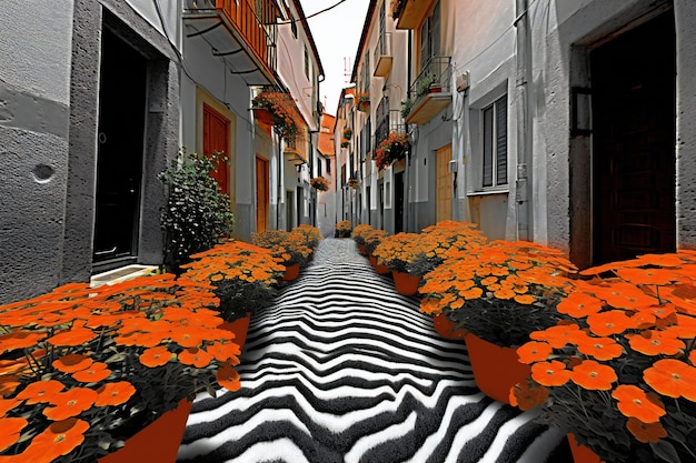 An urban street with flowers in the foreground