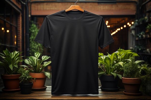 Urban style black tee on brick wall