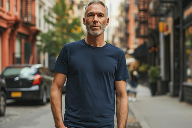 Urban style clothing mockup with middleaged man in navy tshirt