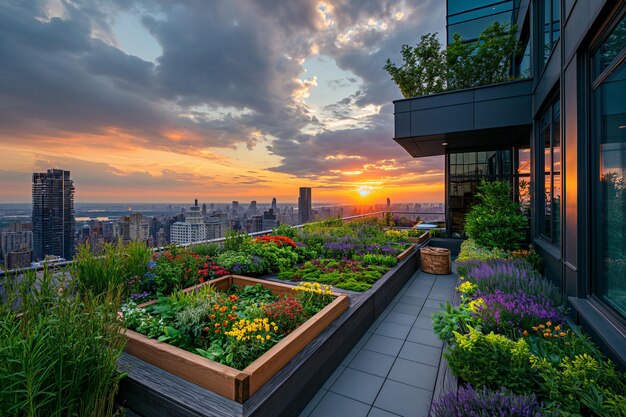 Photo urban terrace garden at sunset