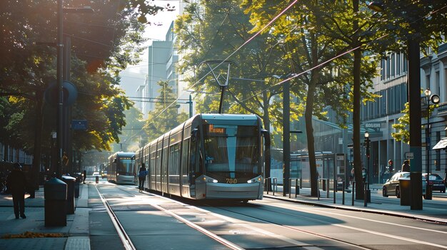 Urban Tram Traveling on City Street To showcase the future of urban transportation in a vibrant and energyefficient way