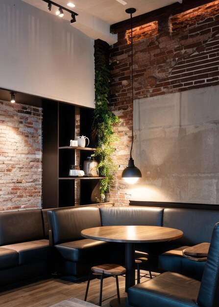 Photo the urban and trendy ambiance of an industrialchic coffee shop with exposed brick walls
