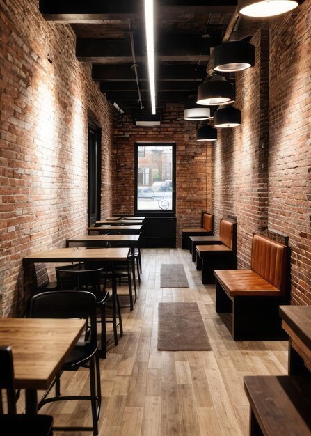 Photo the urban and trendy ambiance of an industrialchic coffee shop with exposed brick walls