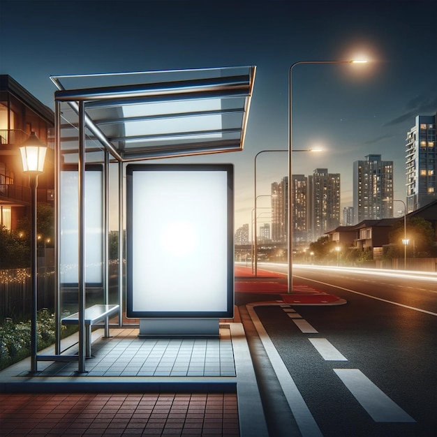 Urban Twilight Bus Stop with Blank Billboard