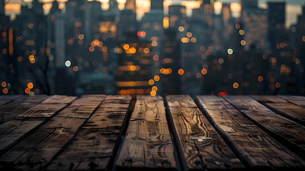 Urban twilight empty wooden table overlooking cityscape at dusk atmospheric and tranquil perfect for background use AI