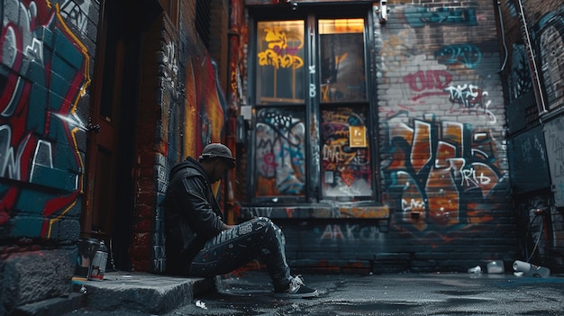 Photo urban uprising street art revolution man sitting in front of graffiticovered building