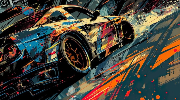 Urban Velocity Race Car in a Maelstrom of Neon Graffiti