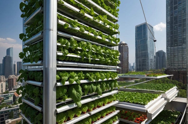 Городская вертикальная ферма с пышными зелеными растениями