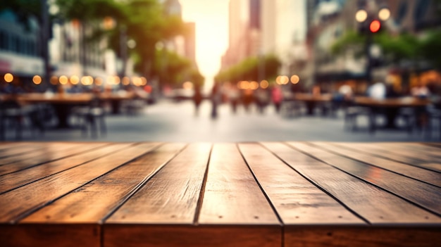 Urban Vibes Blurry City Street View on a Wooden Table Enhanced by Generative AI