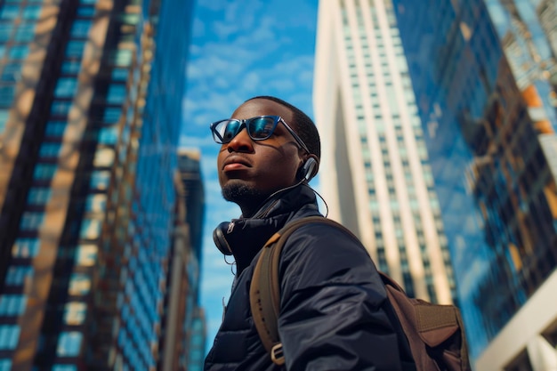 Urban Vibes Stylish Black Man Walking with Phone and Backpack in Cityscape