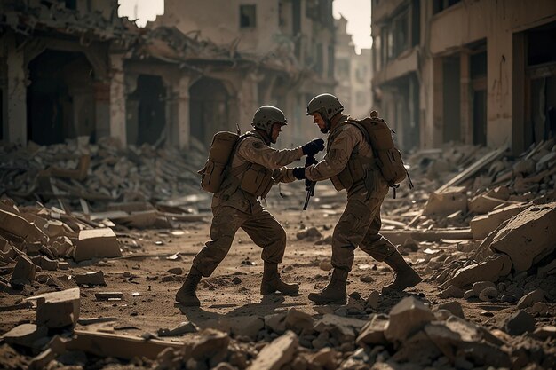 Urban Warfare Melee Soldiers Clash Amid Rubble