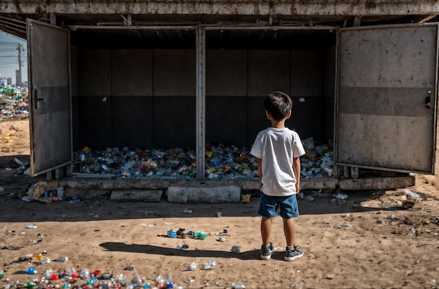 Urban Waste Challenge Boy Contemplating Landfill Scourge