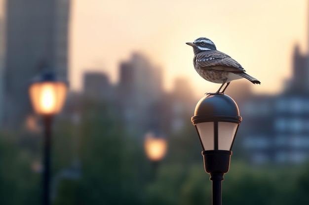 写真 都市の野生動物夕暮れ時の街灯柱の上の雄大な鳥