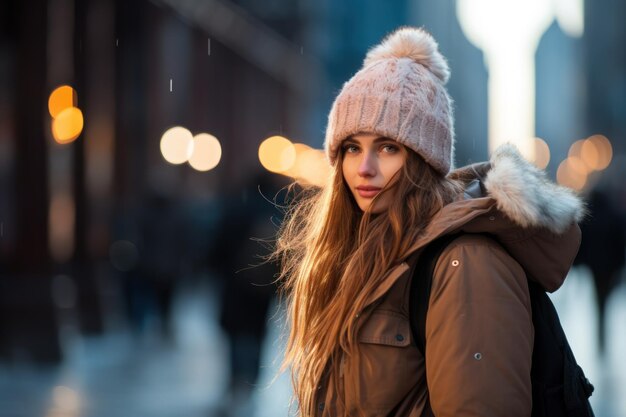 Urban woman walking in the city street during cold winter