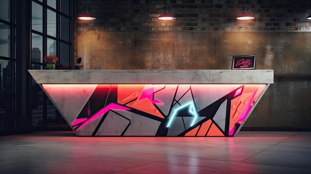 Urbanchic podium with concrete surface and graffiti backdrop Warm lighting