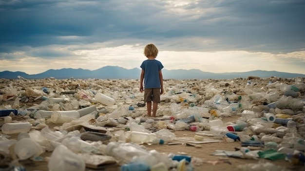 Фото Актуальность решения проблемы пластикового загрязнения заставляющая задуматься сцена с одиноким опечаленным ребенком на фоне преобладания пластиковых отходов