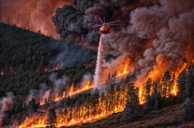 Urgent Aerial Response Helicopter Battling Forest Blaze with Water Drop