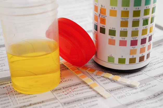 Urinalysis urine cup with reagent strip ph paper test and comparison chart in laboratory