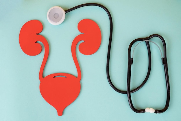 Photo the urinary system and stethoscope on blue background