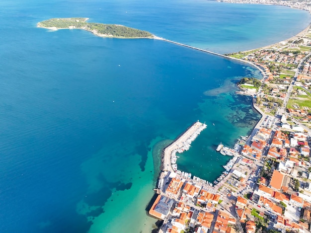 Urla cesmealti aerial view with drone. turkey's touristic seaside town in the aegean; urla - cesmealti