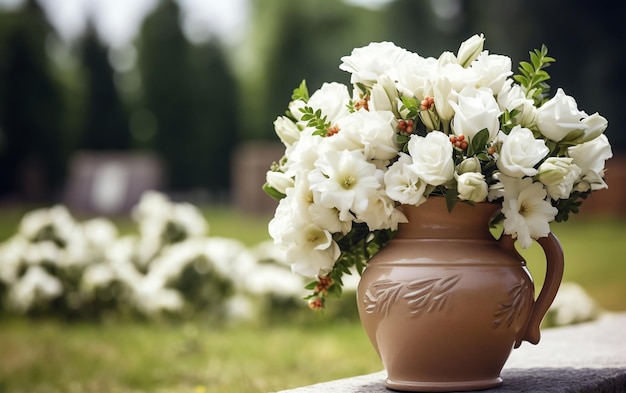 백색 꽃 이 있는 묘지 에 있는 재 를 담은 관