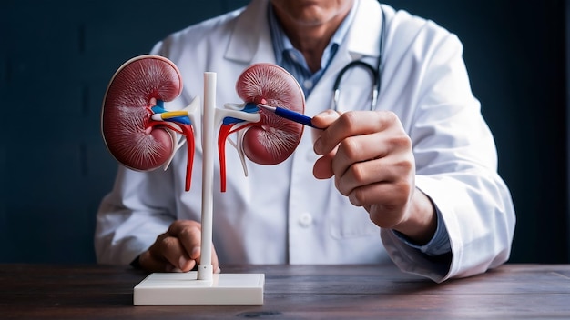 Photo urologist pointing pen kidney structure on anatomical model