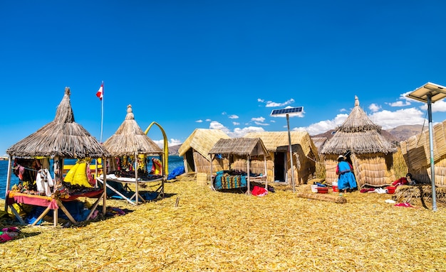 Uros floating islands on lake titicaca in peru