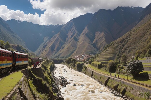 Photo urubamba river and railway to machu picchu