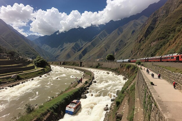 Photo urubamba river and railway to machu picchu