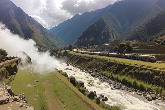 Photo urubamba river and railway to machu picchu