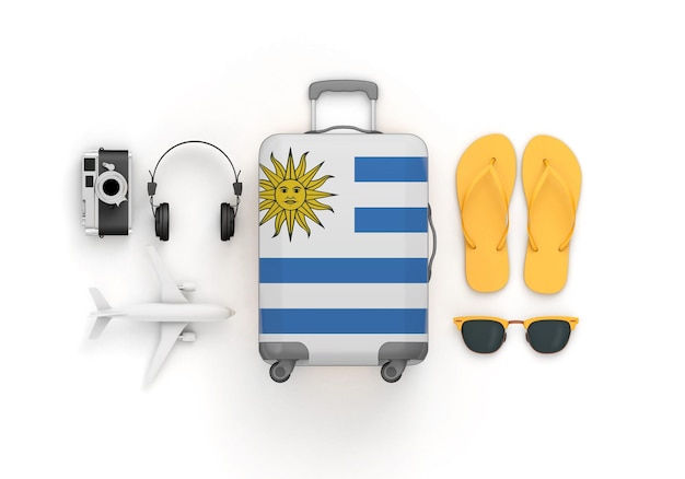 Чемодан с флагом уругвая и дорожные принадлежности лежат плоско d рендеринг