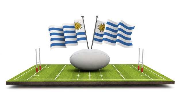 Uruguay flags with a rugby ball and pitch 3D Rendering