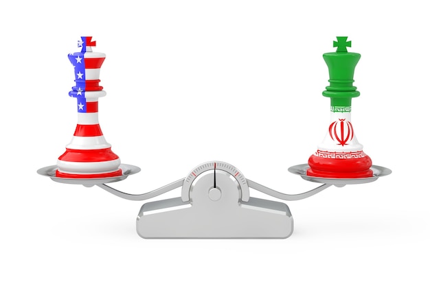 Us america e iran kings chess over simple balance scale su sfondo bianco. rendering 3d