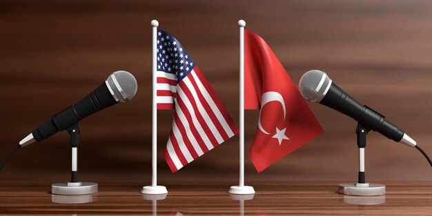 US of America and Turkey miniature flags and microphones on wooden background 3d illustration