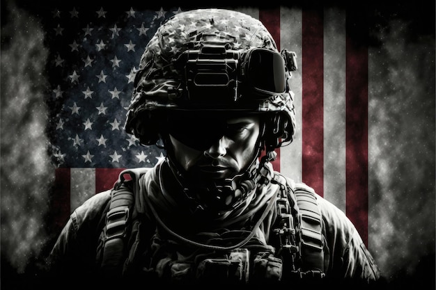 Photo us american flag on soldier background