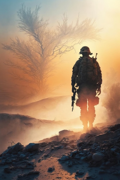 US Army Marine op patrouille bij zonsopgang Gemaakt met generatieve AI-technologie