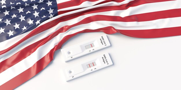 Photo us covid self testing coronavirus antigen rapid tests kits and united states of america flag 3d illustration