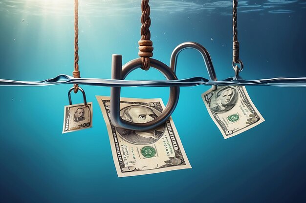 Photo us currency on large hook under water phishing scam concept