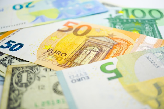 US dollar and Euro banknotes background : Banking Account, Investment Analytic economy.