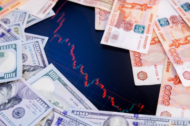 Us dollar and russian ruble banknotes over digital screen with exchange chart usd rub depreciation