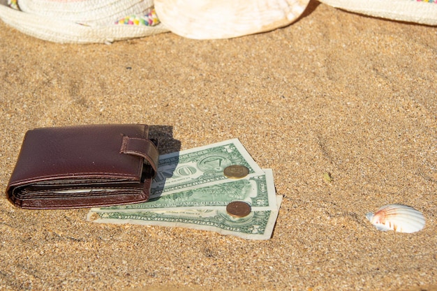 US dollars lie on the sea sand under a mans brown wallet View from the side