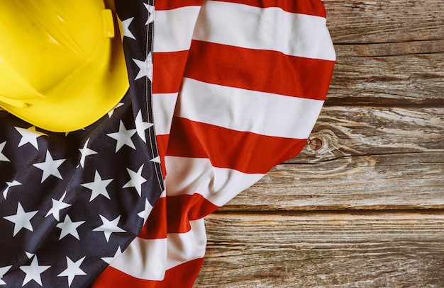 US. federal holiday of Labor Day is United States America of engineer yellow plastic construction helmet