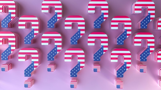 Us flag and 3d question marks.