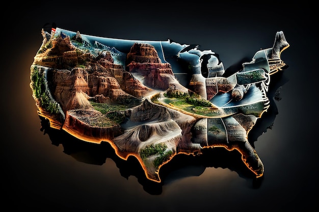 US flag on the background of a map of the country with elements of natural features