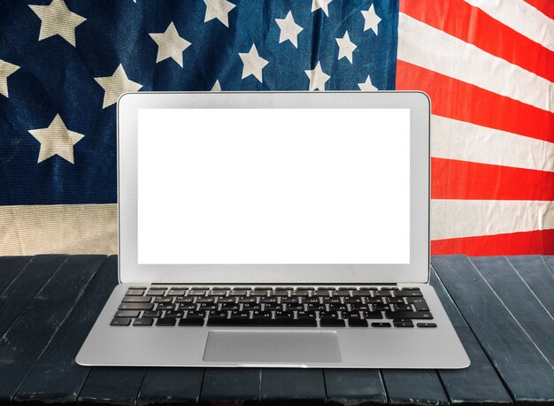 US flag and laptop