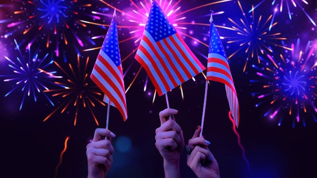 Photo us flag with firework composition