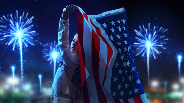 Photo us flag with firework composition