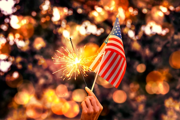 Us flags with fireworks collage